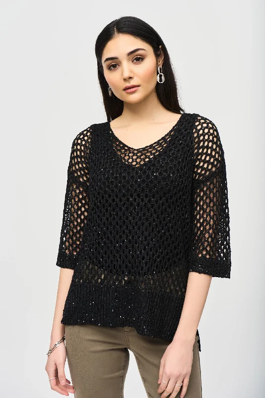 Joseph Ribkoff Black Open Stitch Sweater with Sequins